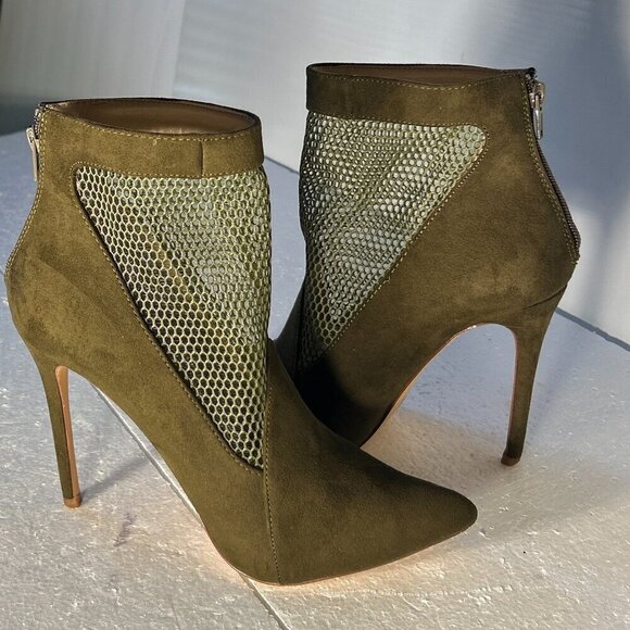Olivia Ferguson SZ8.5 Olive suede ankle boot stiletto heel retro club edgy 80's - Picture 1 of 10